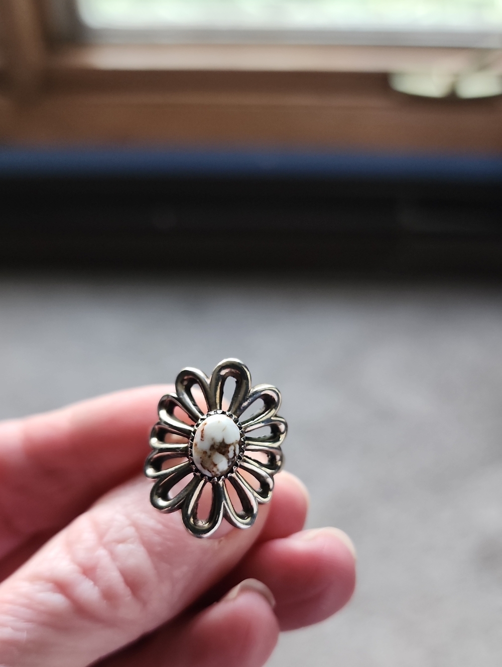 Authentic Sterling Silver Floral Ring with Real  Wild Horse Center  Stone